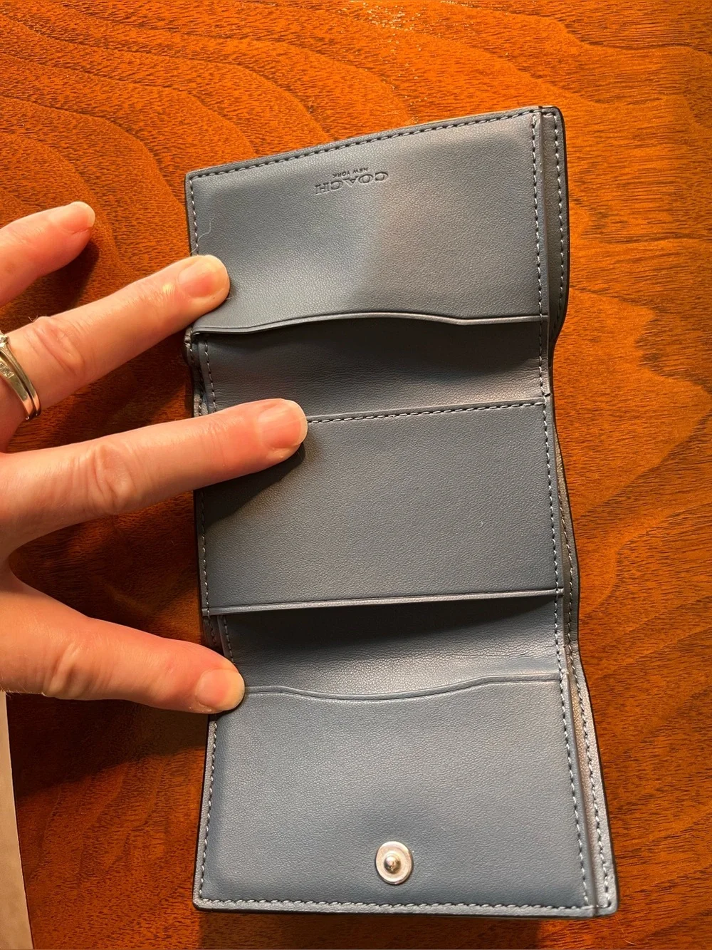 Coach Navy Blue Pebble Leather trifold wallet with coin zip! Silver hardware!